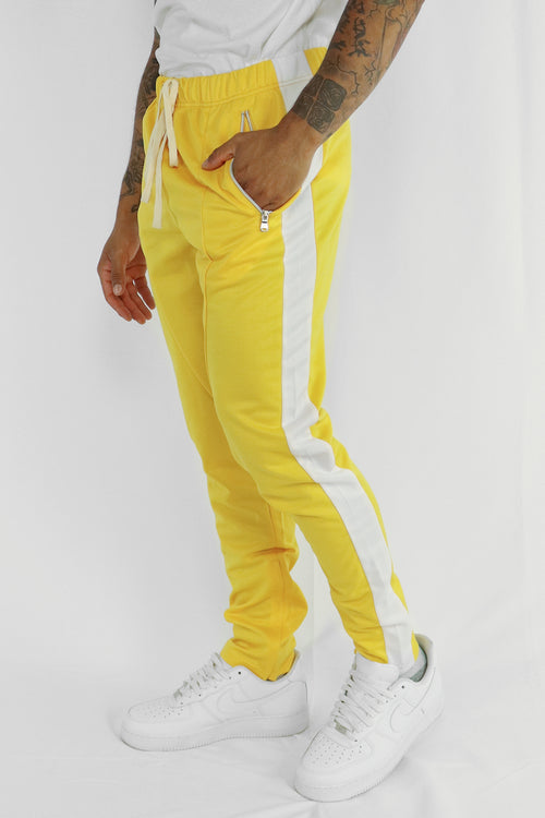 Premium Side Stripe Zip Pocket Track Pants (Yellow - White) - Zamage