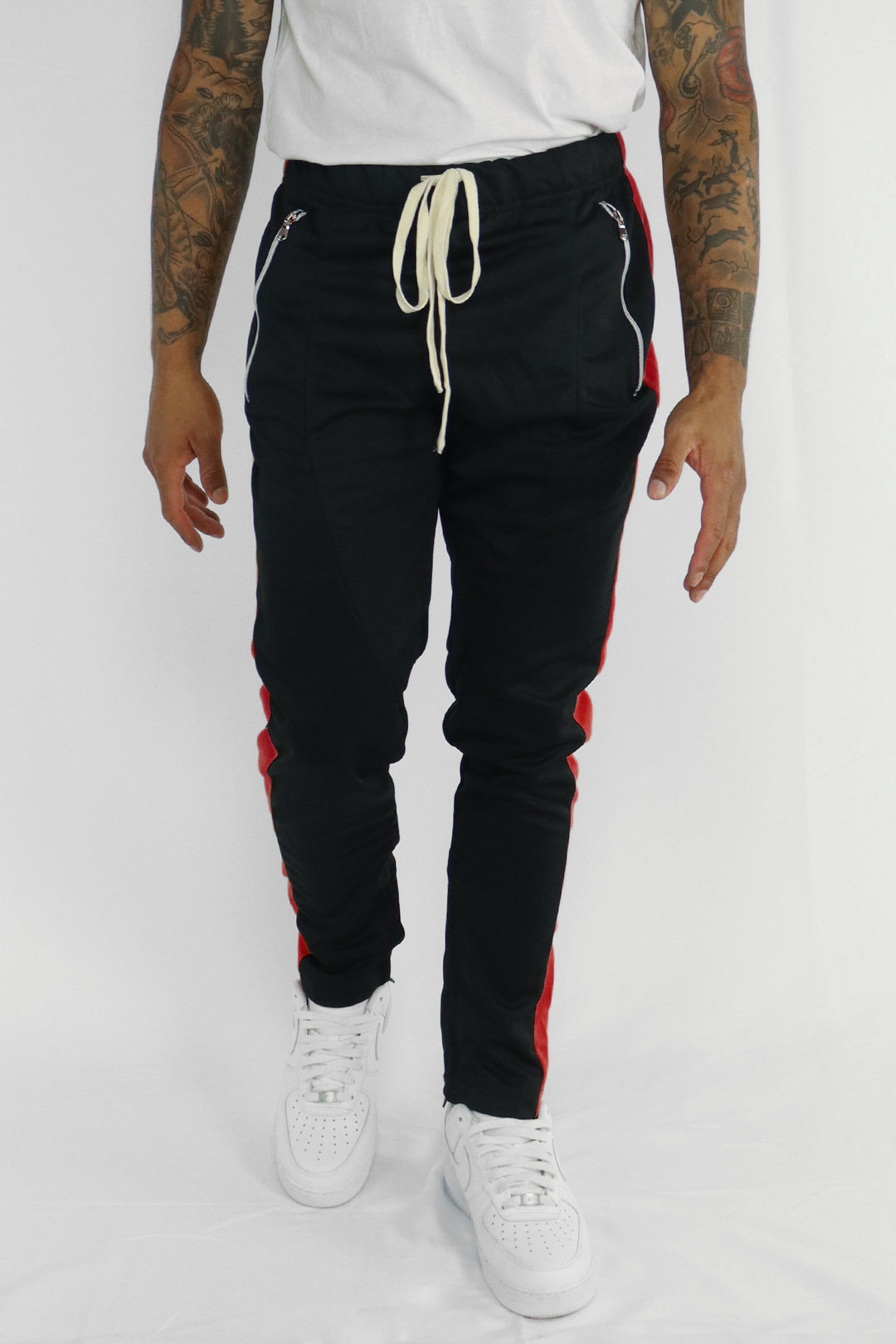 Premium Side Stripe Zip Pocket Track Pants (Black-Red) - Zamage