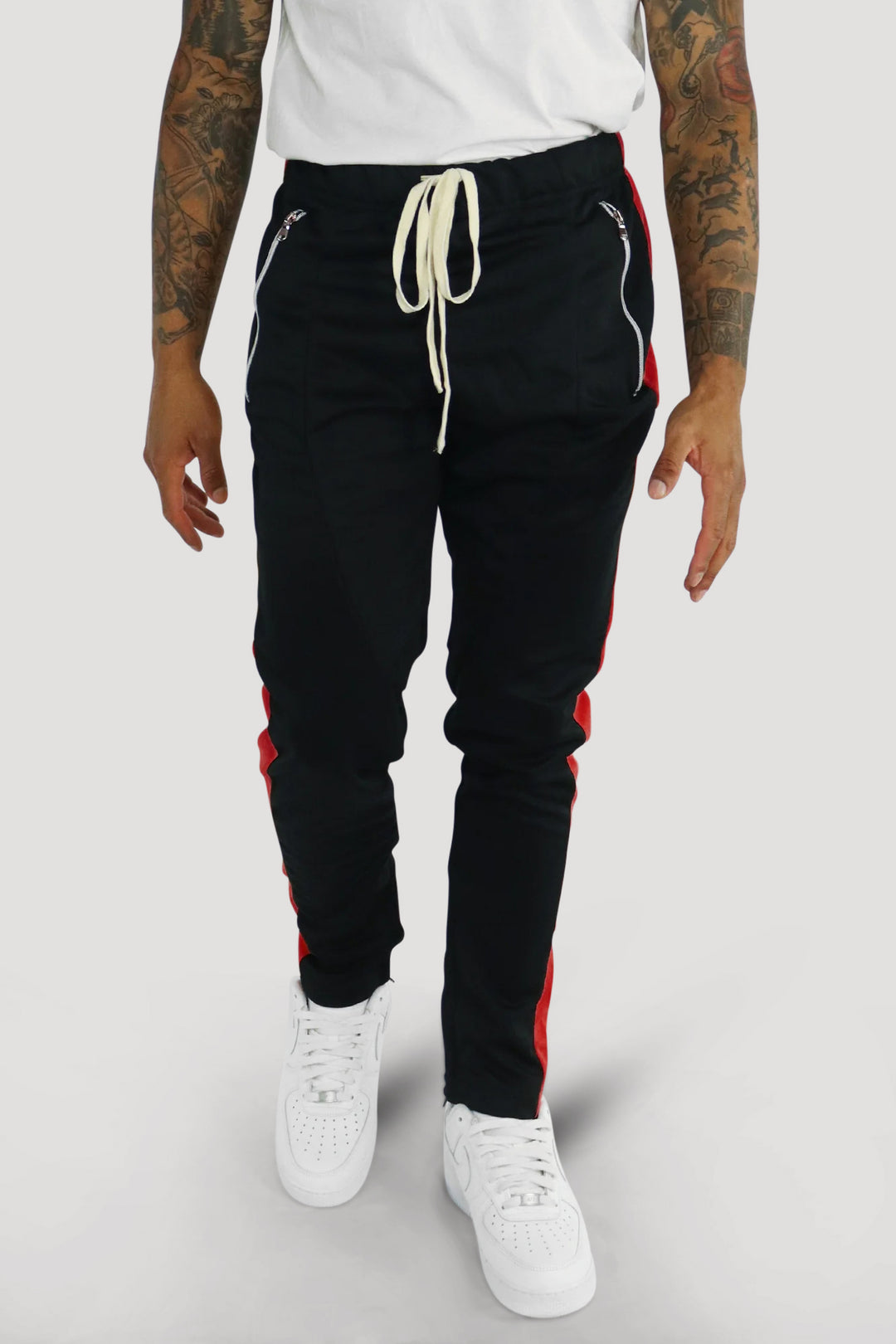 Premium Side Stripe Zip Pocket Track Pants (Black - Red)