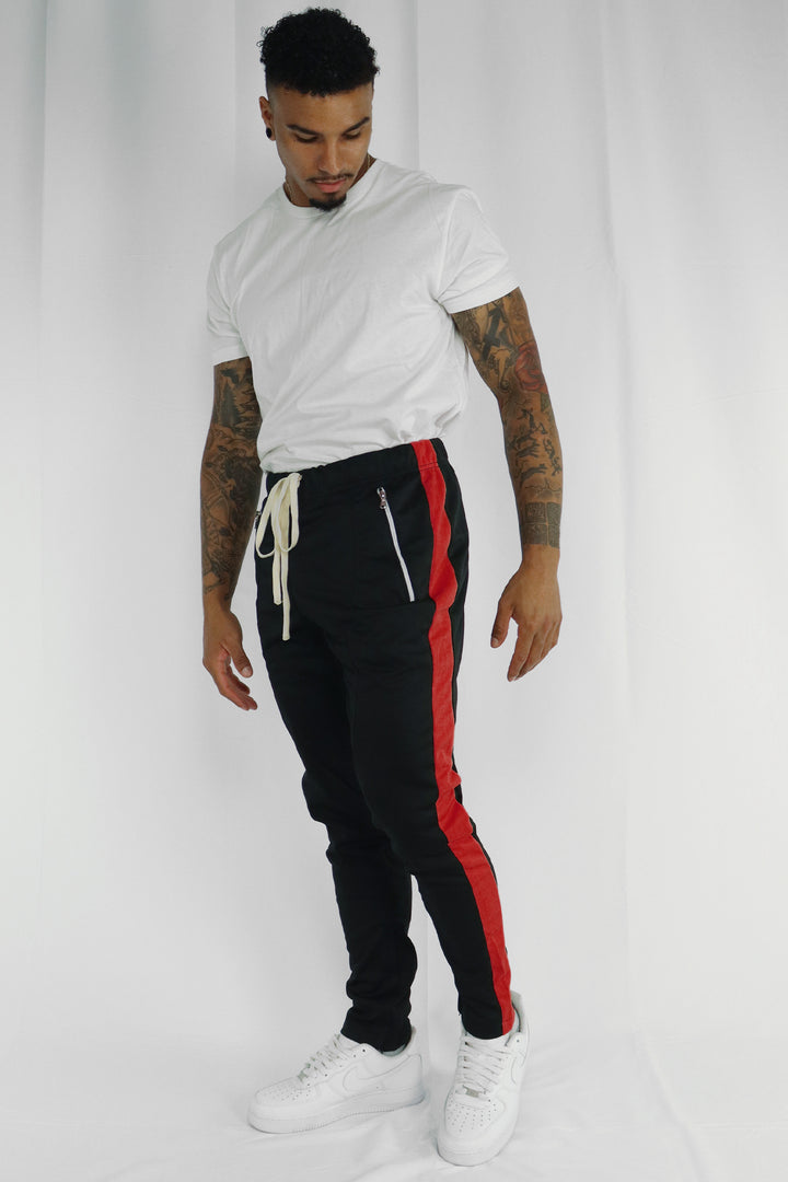 Premium Side Stripe Zip Pocket Track Pants (Black-Red) – Zamage