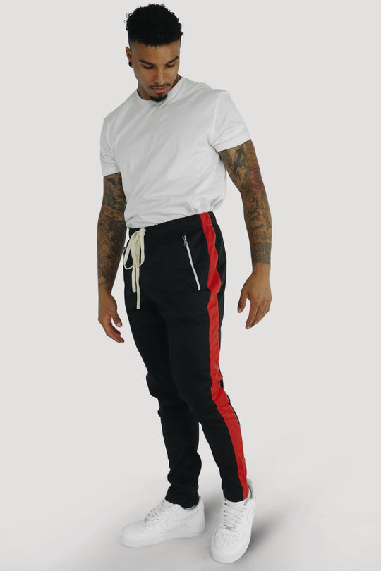 Premium Side Stripe Zip Pocket Track Pants (Black - Red)