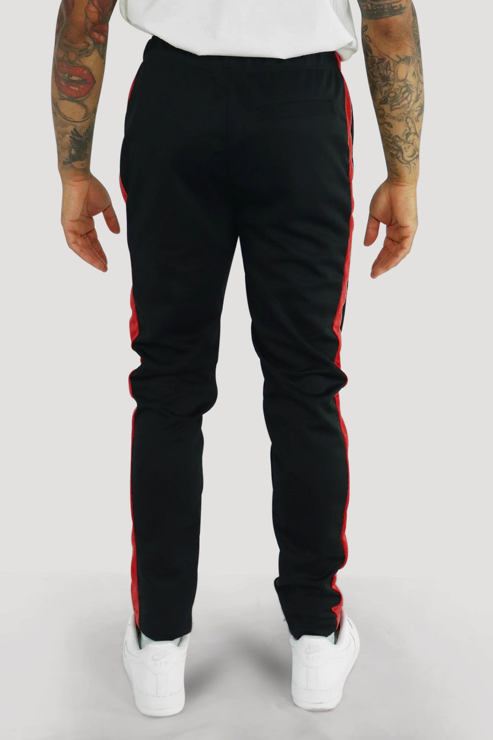 Premium Side Stripe Zip Pocket Track Pants (Black - Red)