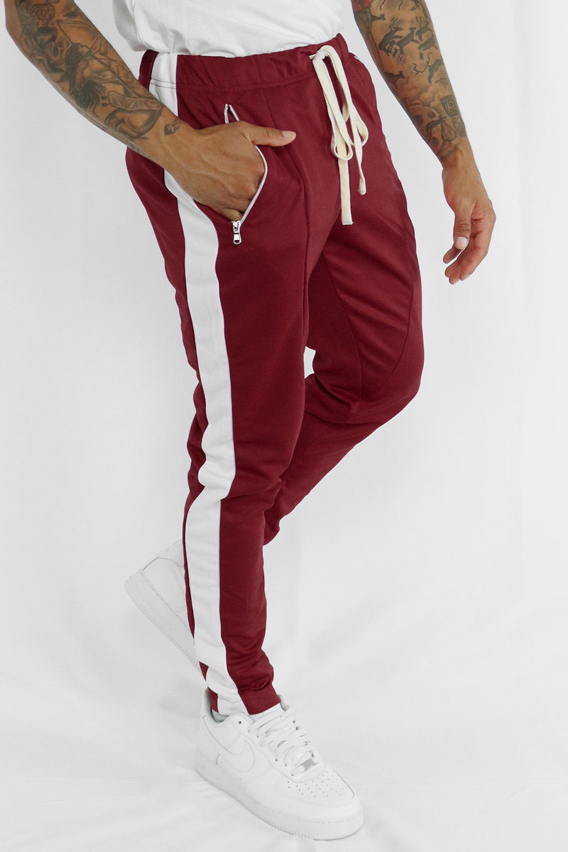Premium Side Stripe Zip Pocket Track Pants (Burgundy - White) – Zamage