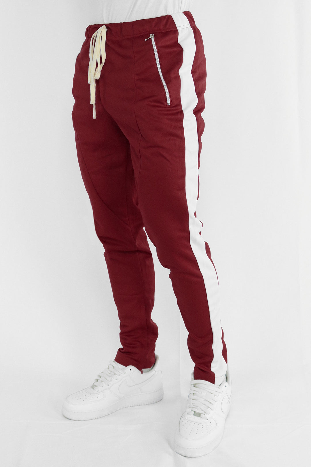 Premium Side Stripe Zip Pocket Track Pants (Red-White)