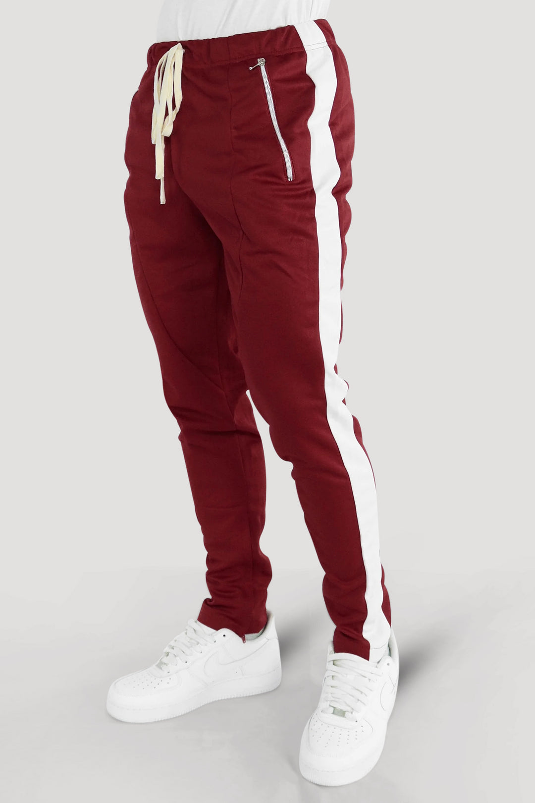 Premium Side Stripe Zip Pocket Track Pants (Burgundy - White)