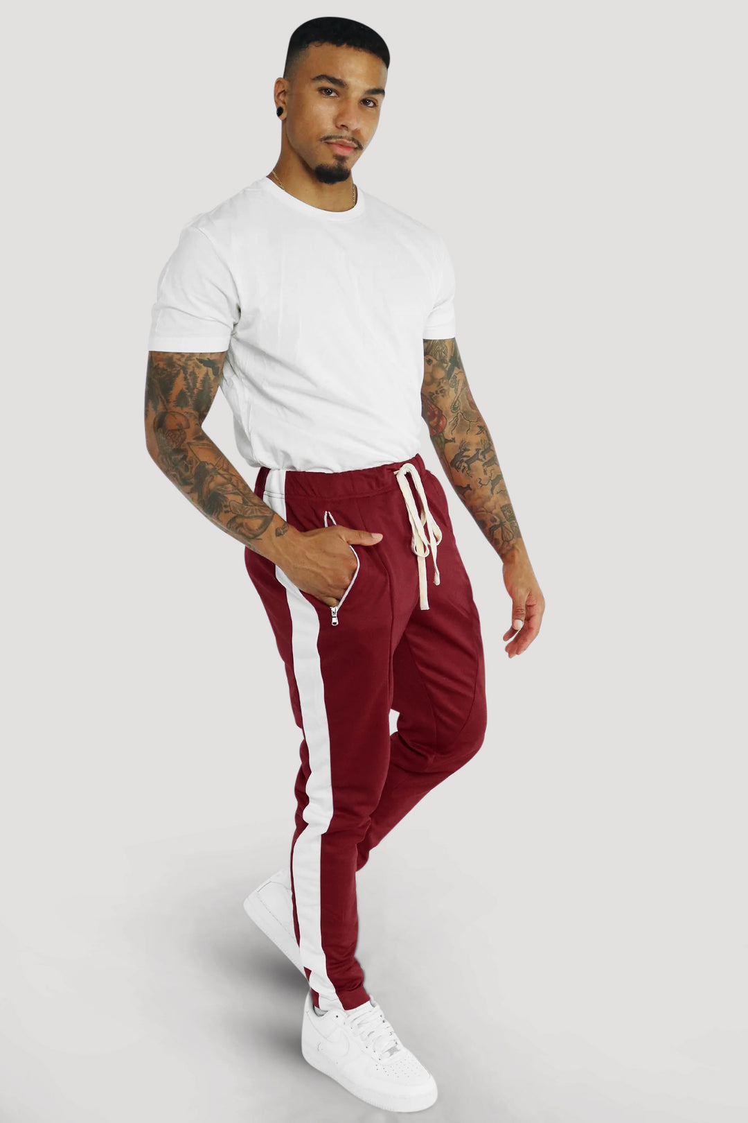 Premium Side Stripe Zip Pocket Track Pants (Burgundy - White)