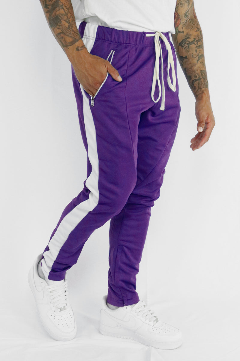 Premium Side Stripe Zip Pocket Track Pants (Purple - White) – Zamage
