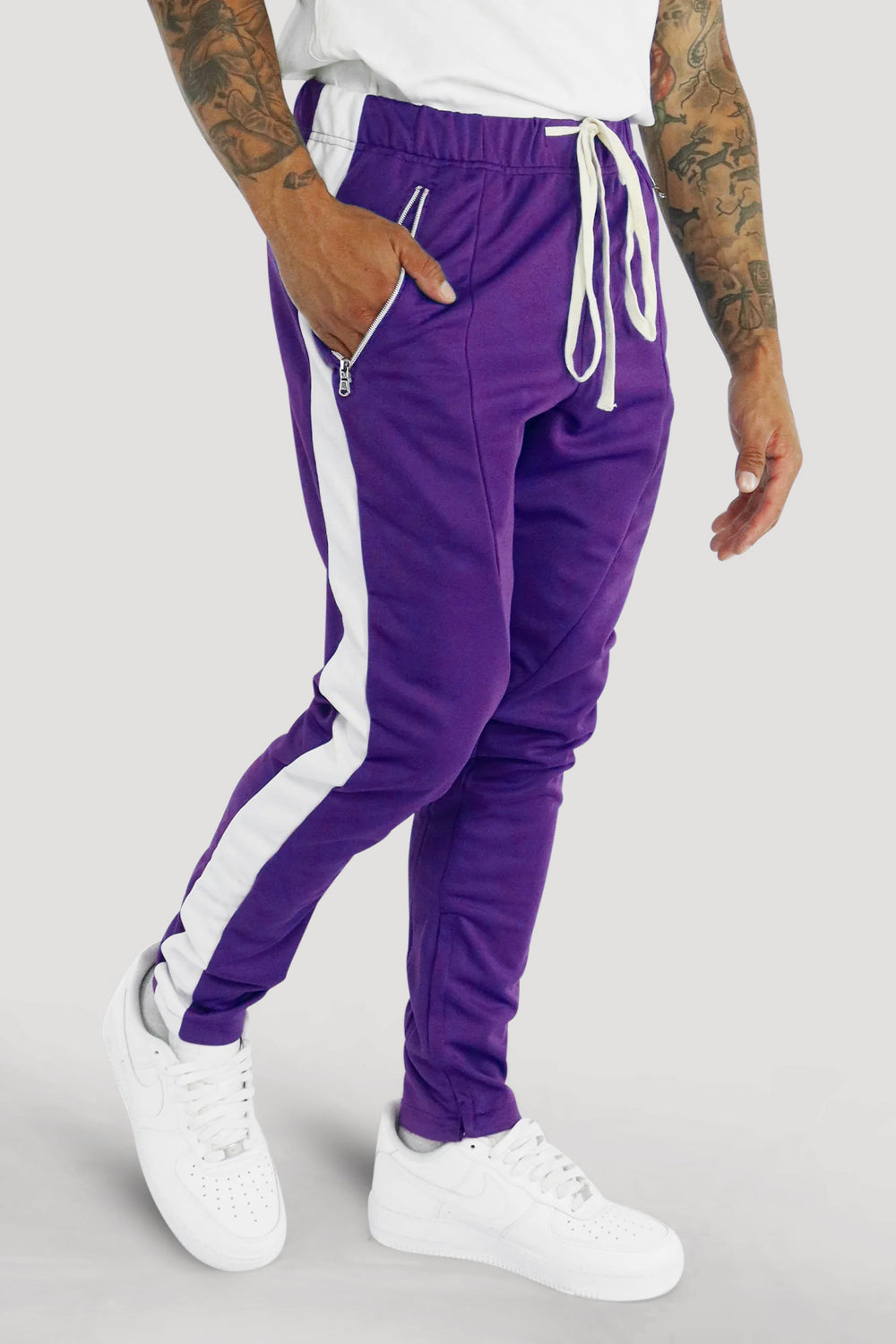 Premium Side Stripe Zip Pocket Track Pants (Purple - White)