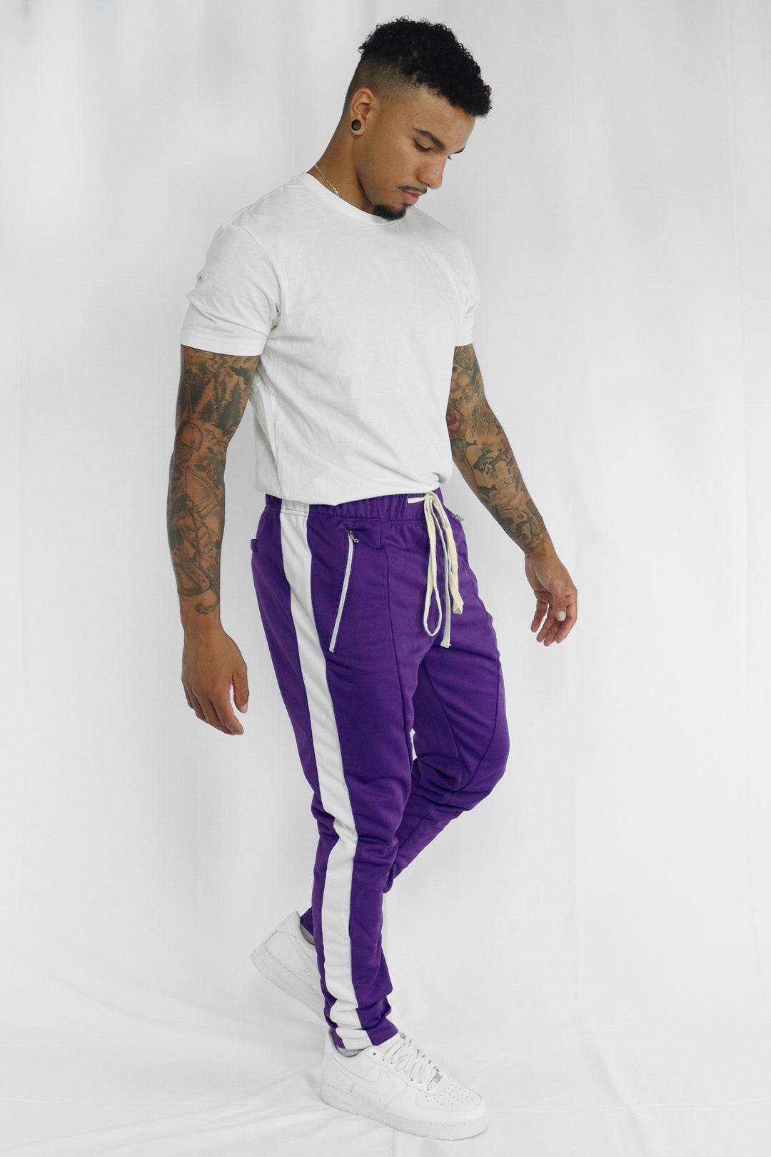 Men's Sports Street Wear Nylon Track Pants Purple Side Stripe