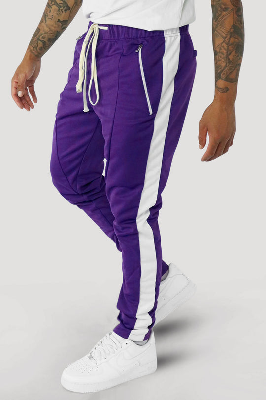 Premium Side Stripe Zip Pocket Track Pants (Purple - White)