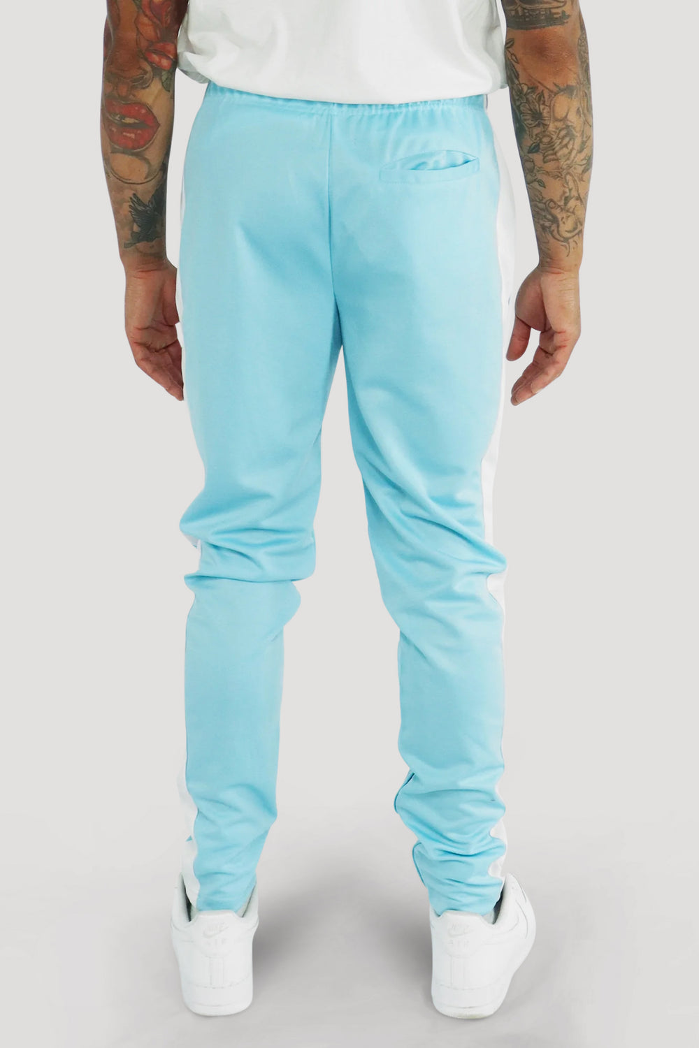 Premium Side Stripe Zip Pocket Track Pants (Light Blue - White)