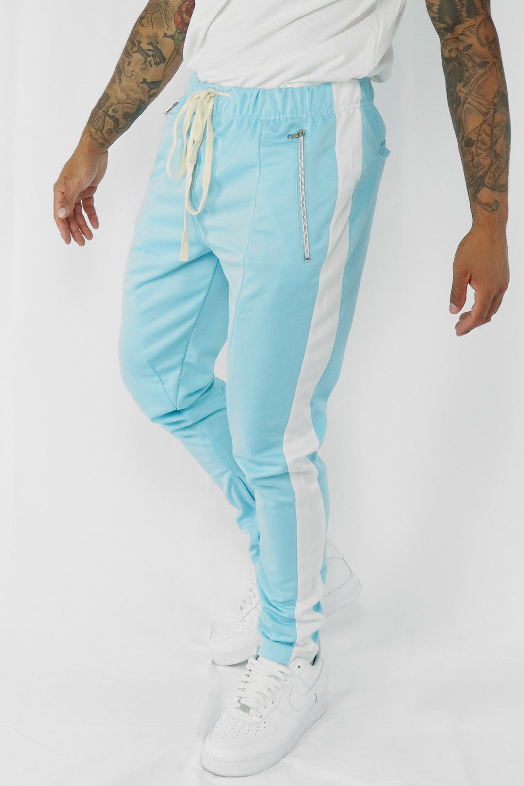 Premium Side Stripe Zip Pocket Track Pants (Light Blue - White) - Zamage