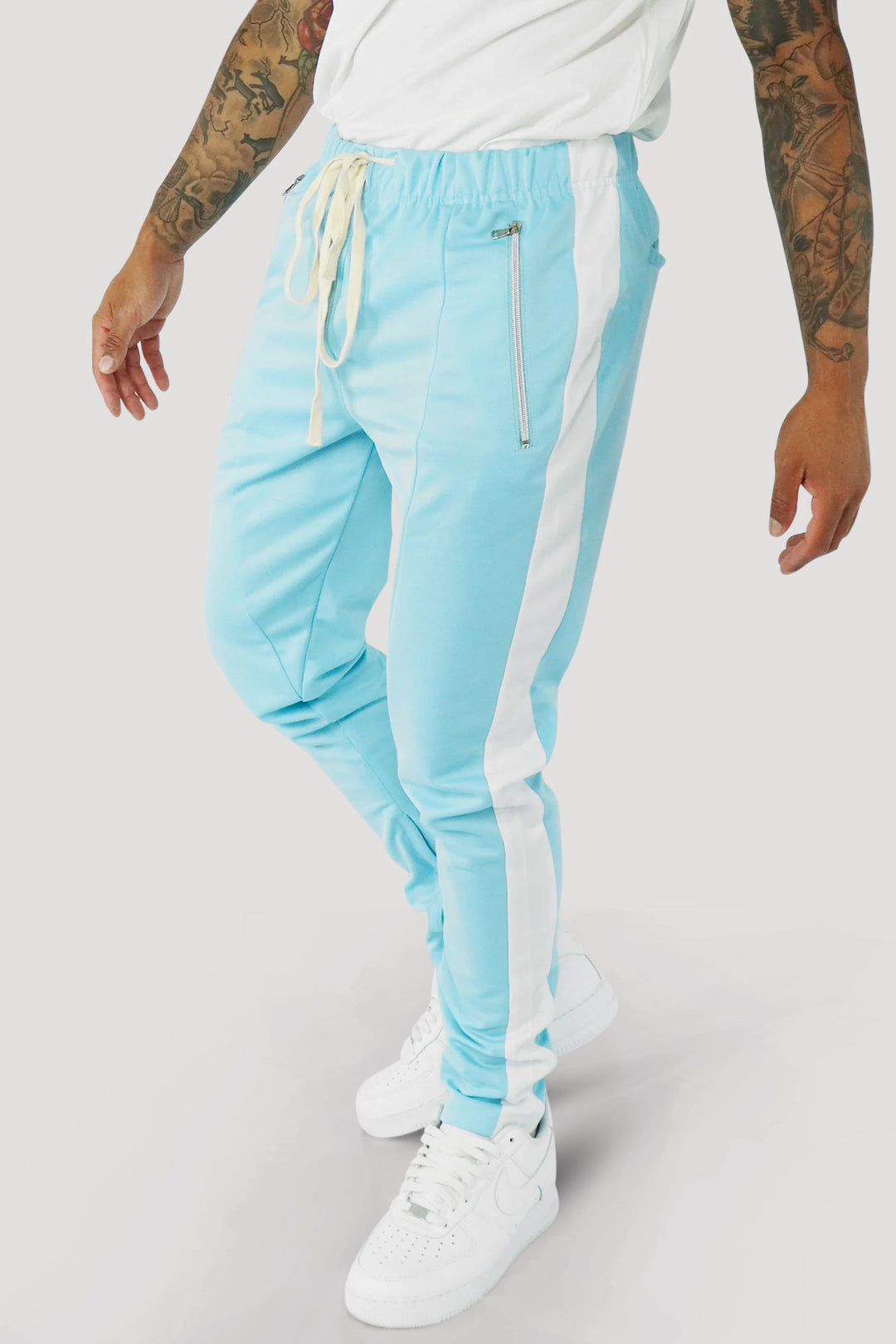 Premium Side Stripe Zip Pocket Track Pants (Light Blue - White)