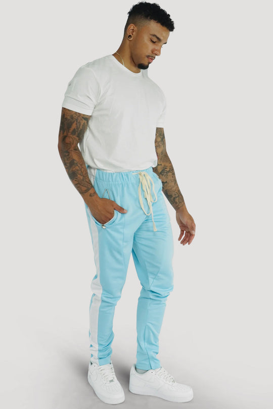 Premium Side Stripe Zip Pocket Track Pants (Light Blue - White)