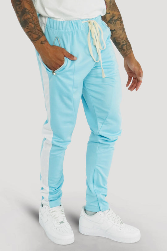 Premium Side Stripe Zip Pocket Track Pants (Light Blue - White)