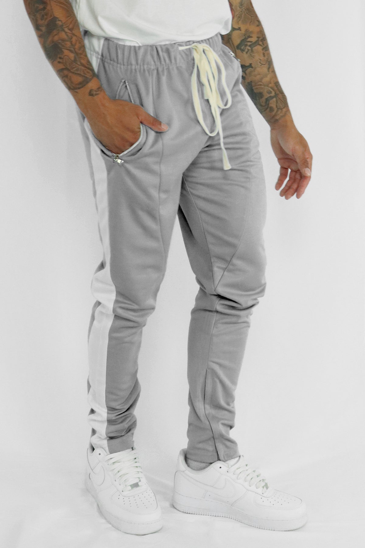 Premium Side Stripe Zip Pocket Track Pants (Grey-White) – Zamage