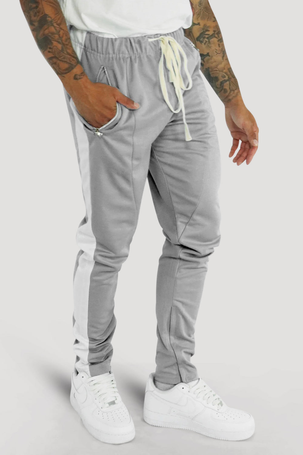 Premium Side Stripe Zip Pocket Track Pants (Grijs-Wit)