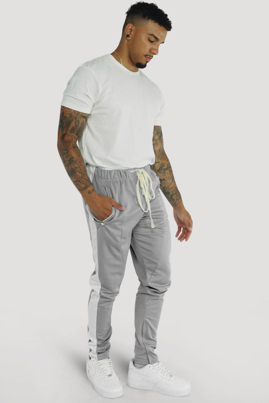 Premium Side Stripe Zip Pocket Track Pants (Grey - White)