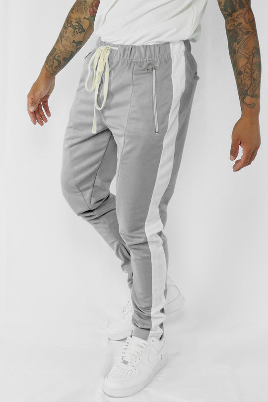 Premium Side Stripe Zip Pocket Track Pants (Grey-White) - Zamage