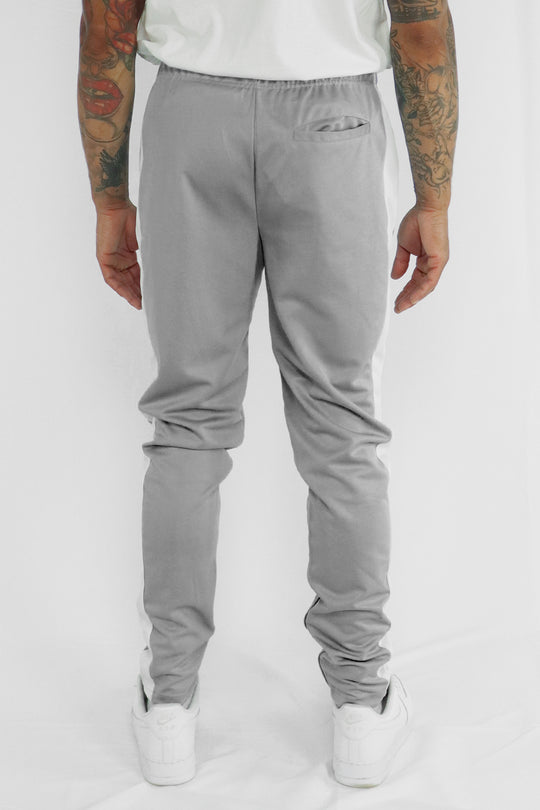 Premium Side Stripe Zip Pocket Track Pants (Grey-White) - Zamage