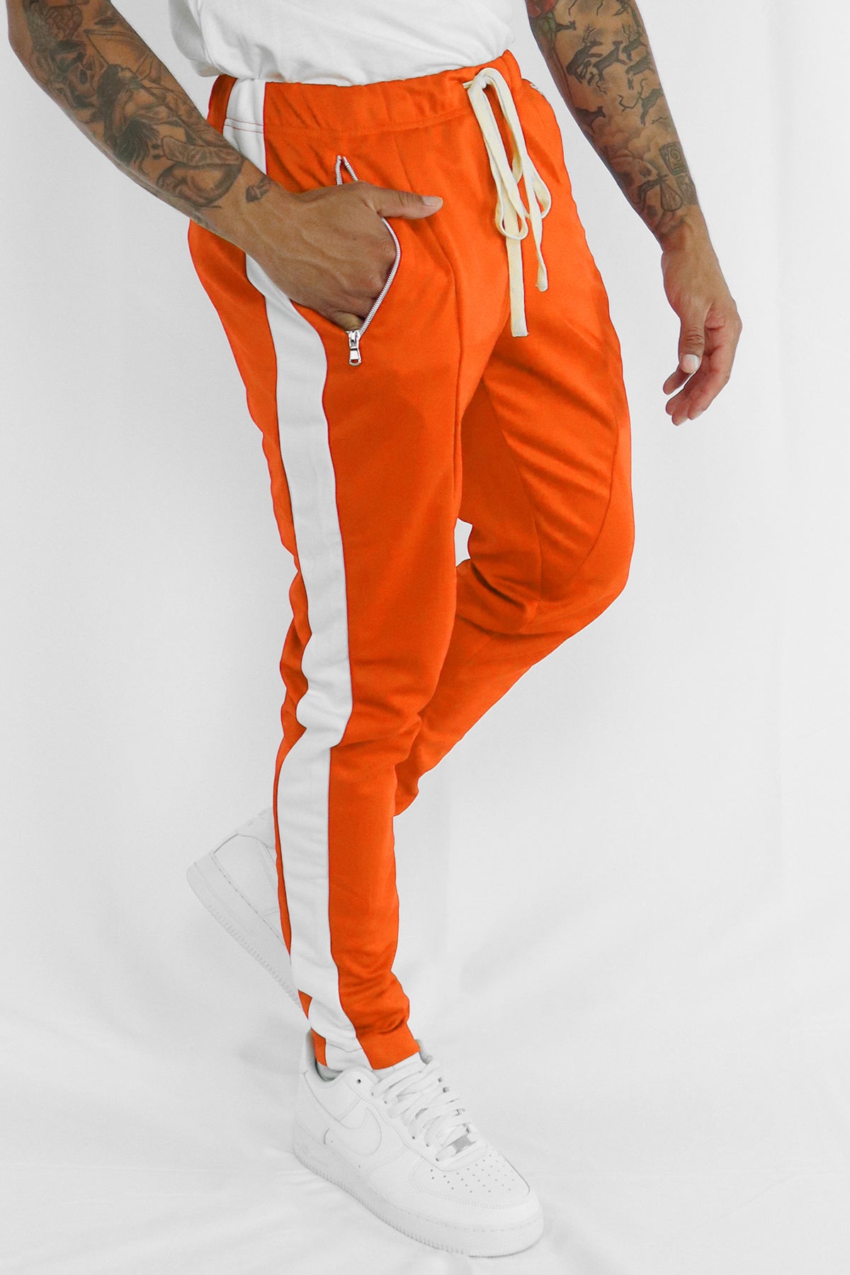 Premium Side Stripe Zip Pocket Track Pants (Orange - White)