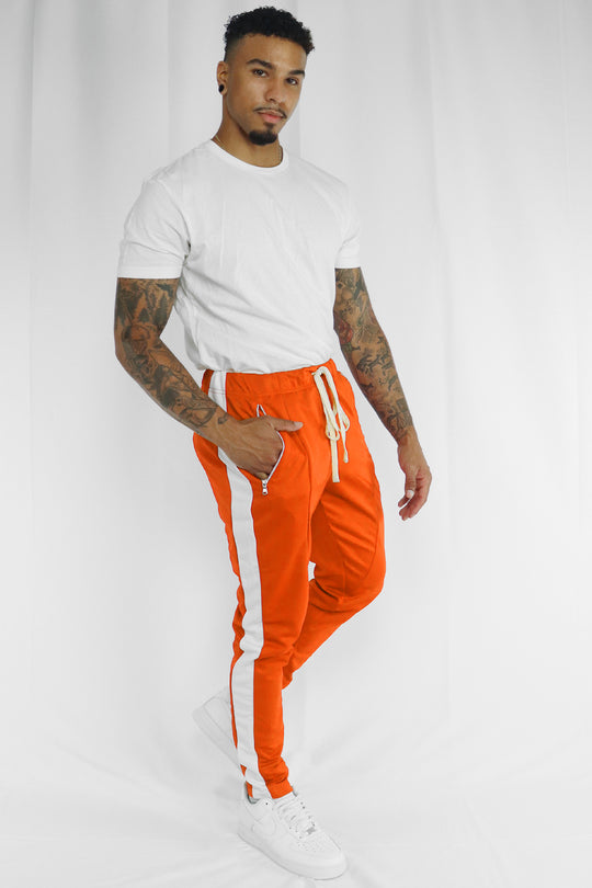 Premium Side Stripe Zip Pocket Track Pants (Orange - White) - Zamage