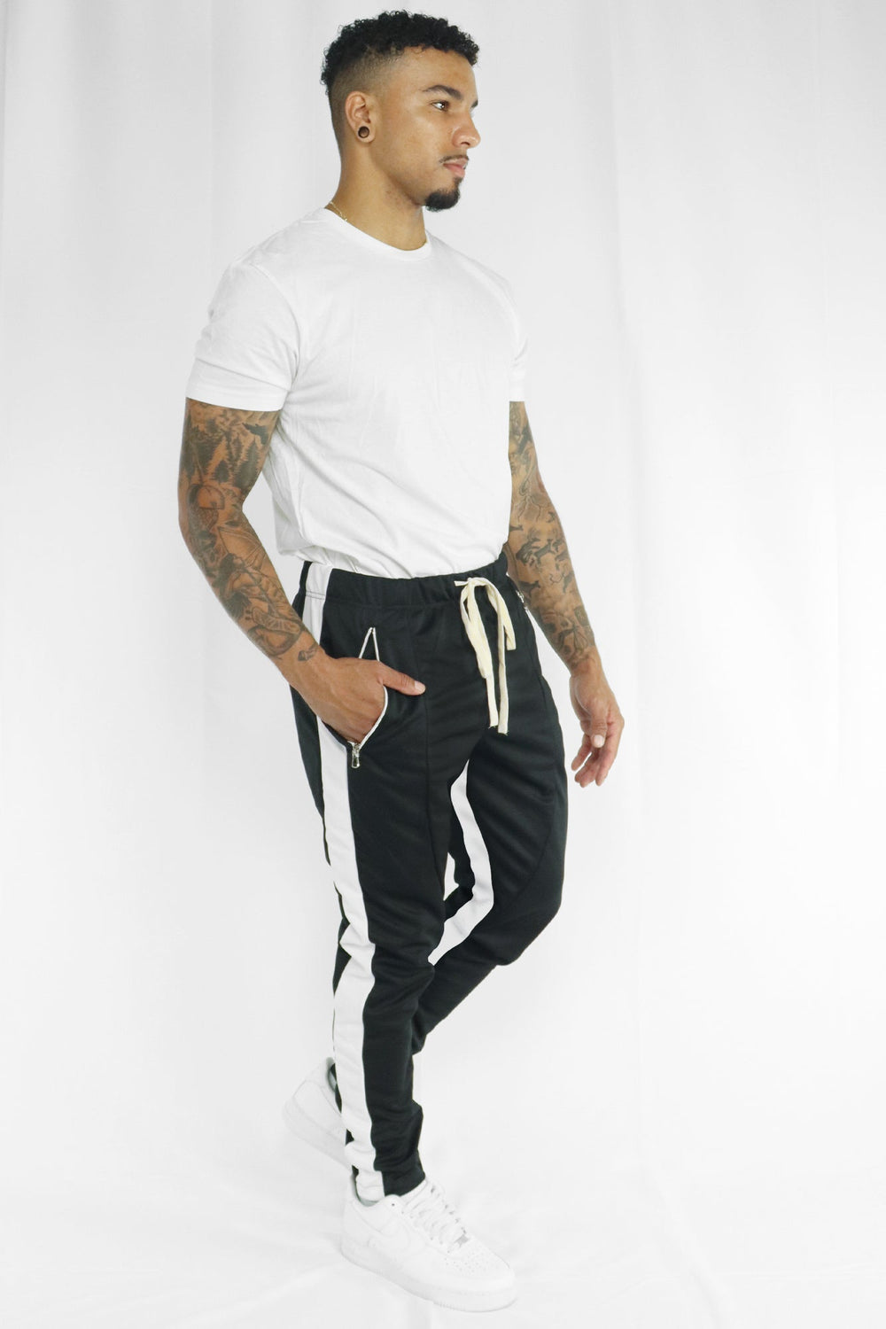 Zip Pocket Dual Stripe Track Pants (Black - White) - Zamage