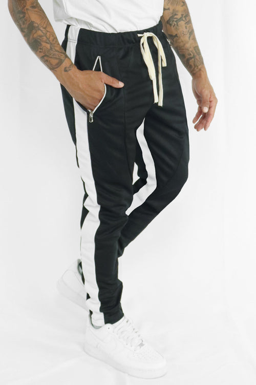 Zip Pocket Dual Stripe Track Pants (Black - White) - Zamage