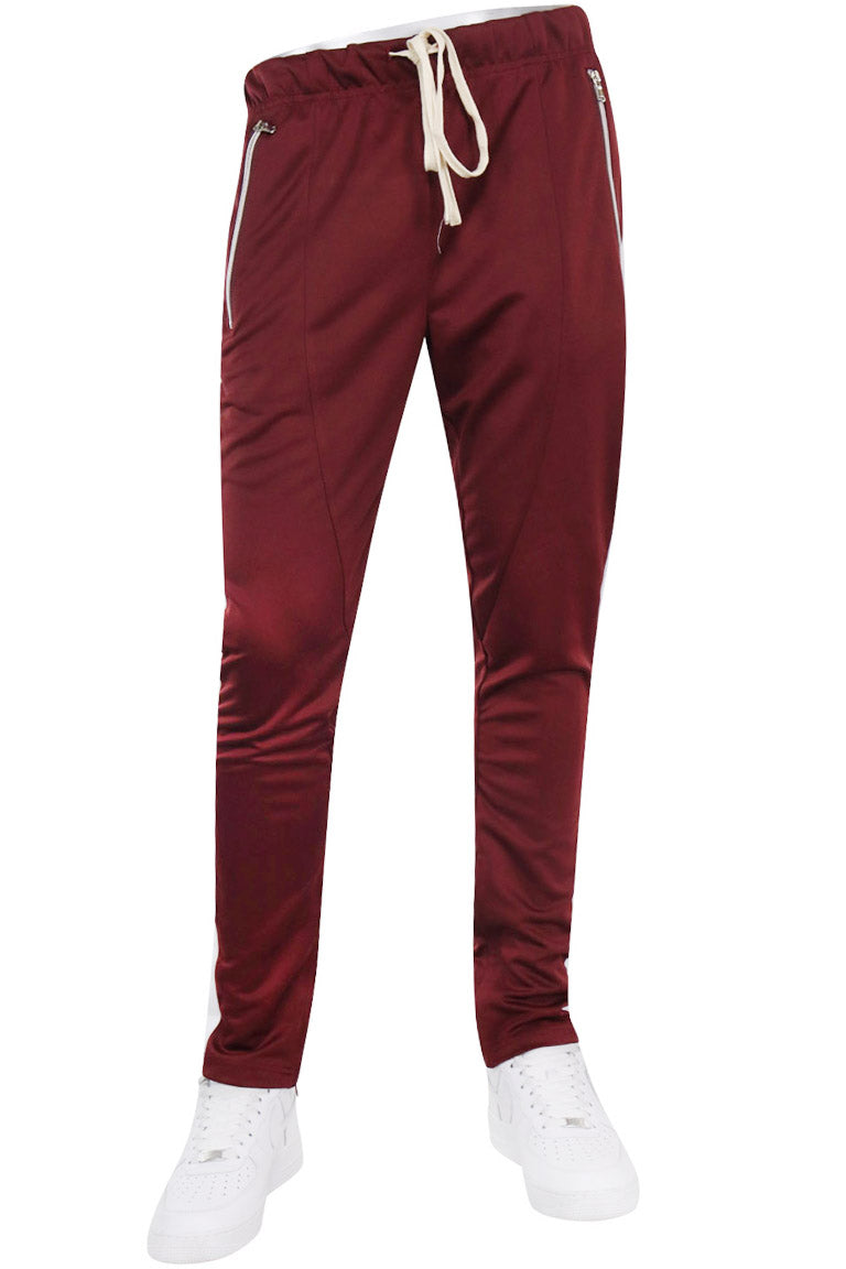 Premium Side Stripe Zip Pocket Track Pants (Burgundy - White) - Zamage
