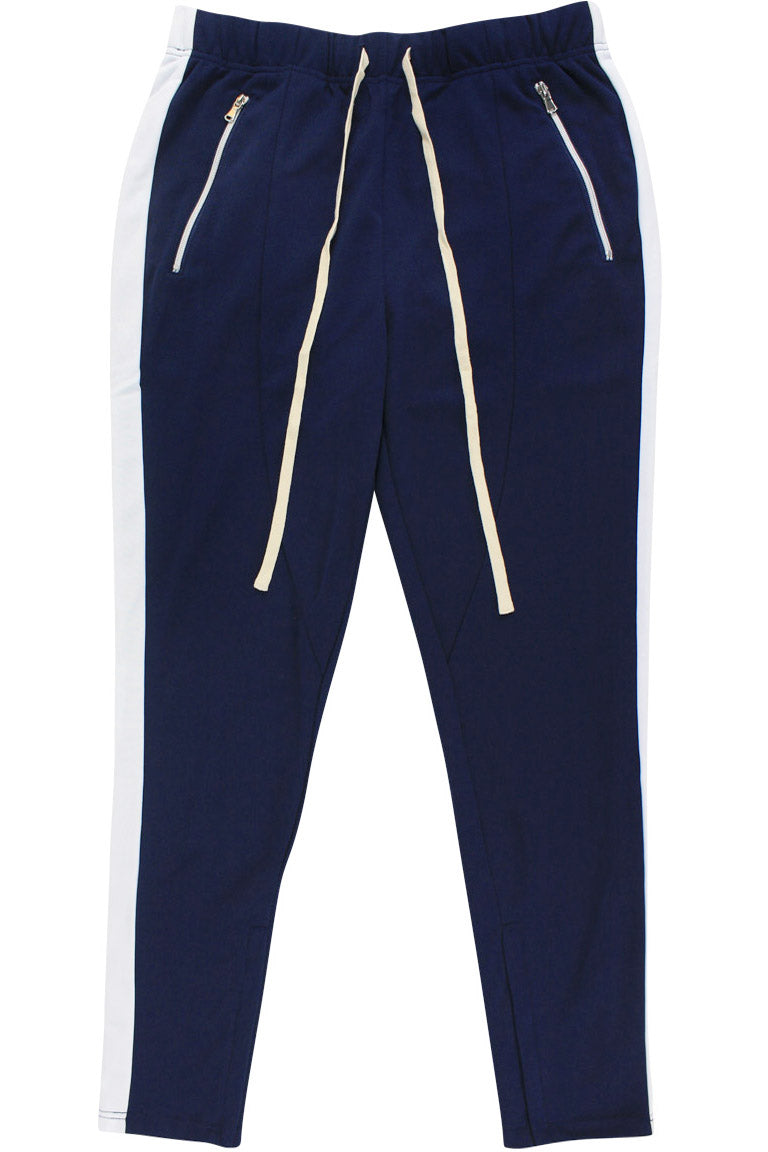 Premium Side Stripe Zip Pocket Track Pants (Navy-White)