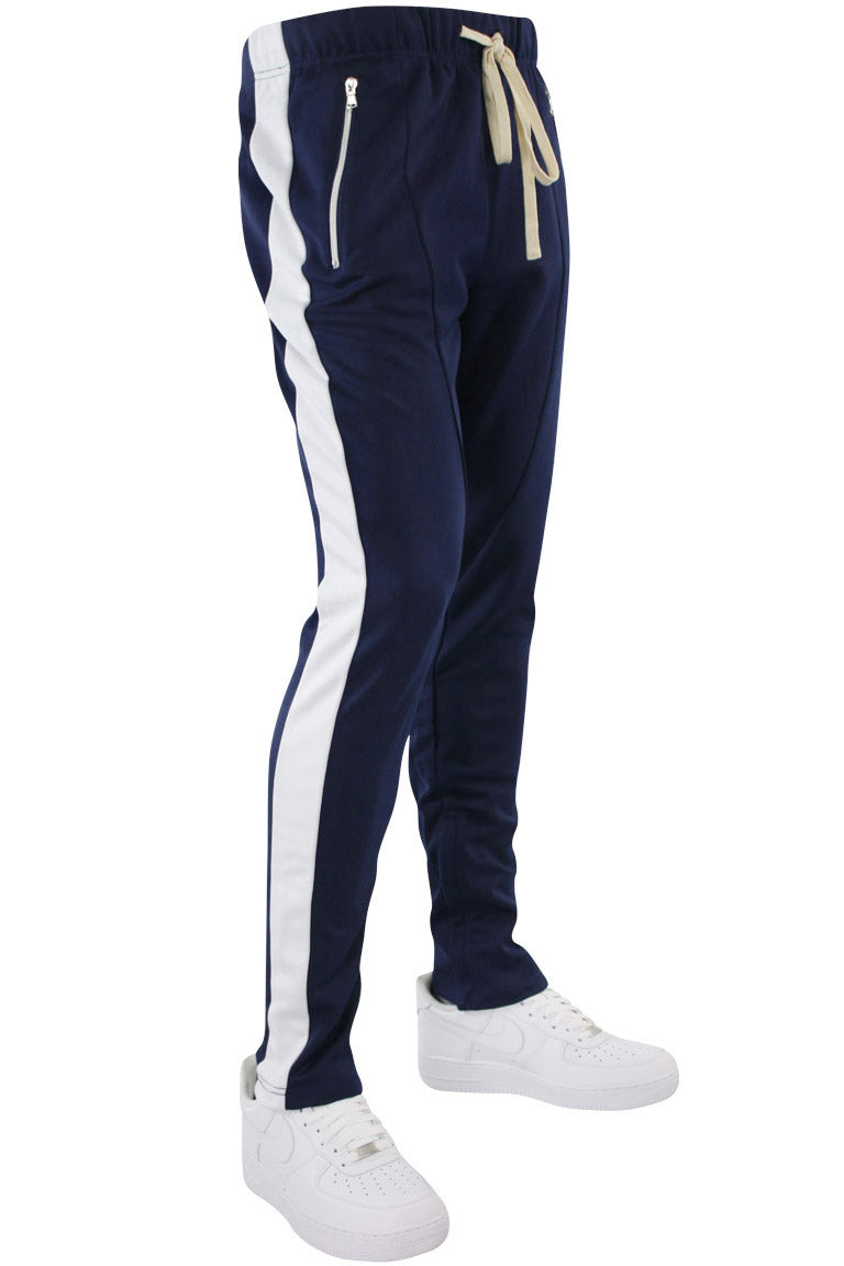Premium Side Stripe Zip Pocket Track Pants (Navy-White)
