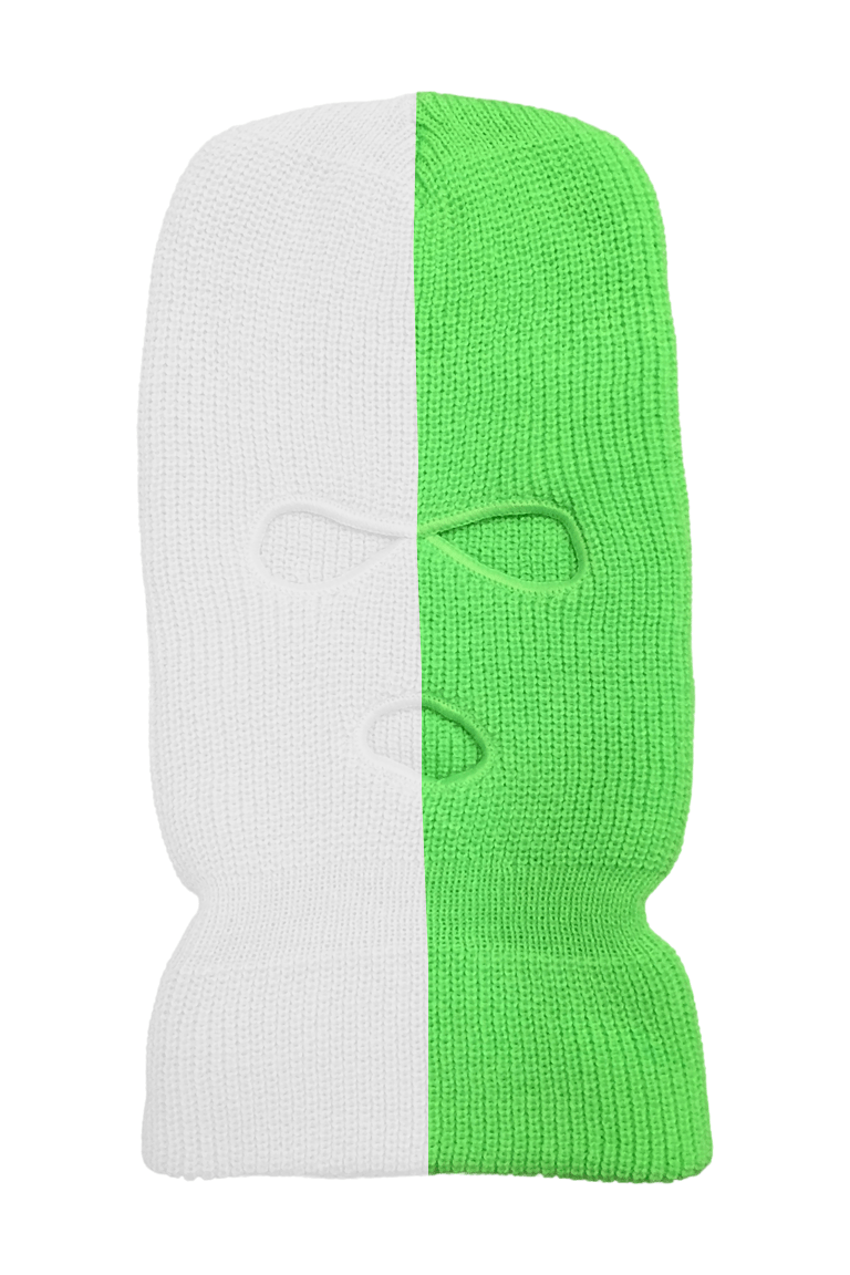 Classic Split Face Ski Mask Balaclava (White - Neon Green) - Zamage