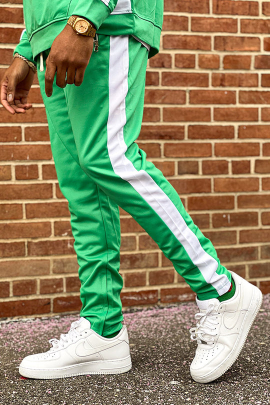Premium Side Stripe Zip Pocket Track Pants (Kelly Green - White) - Zamage