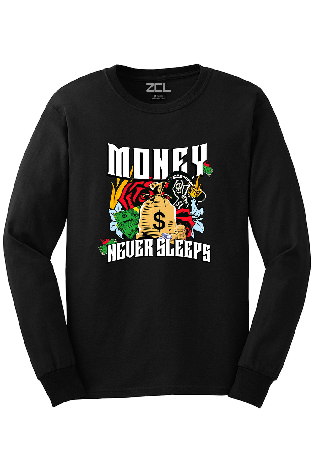 Money Never Sleeps Long Sleeve Tee (Multi Color Logo) - Zamage