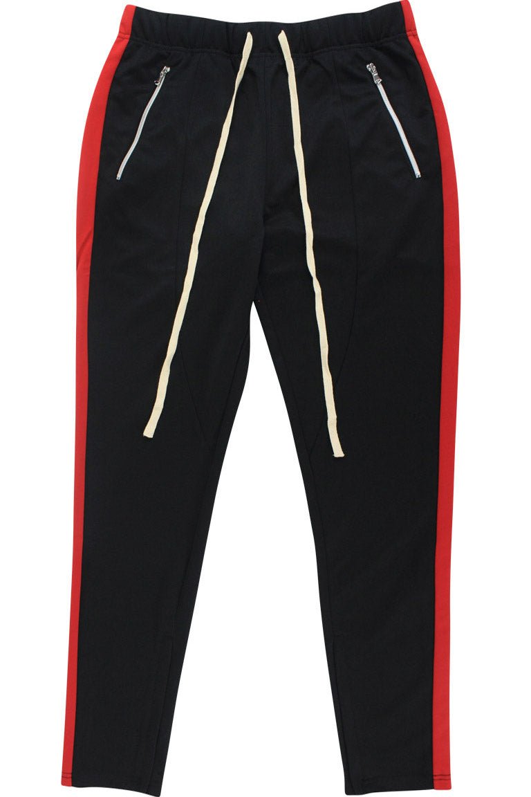 Premium Side Stripe Zip Pocket Track Pants (Black - Red) - Zamage