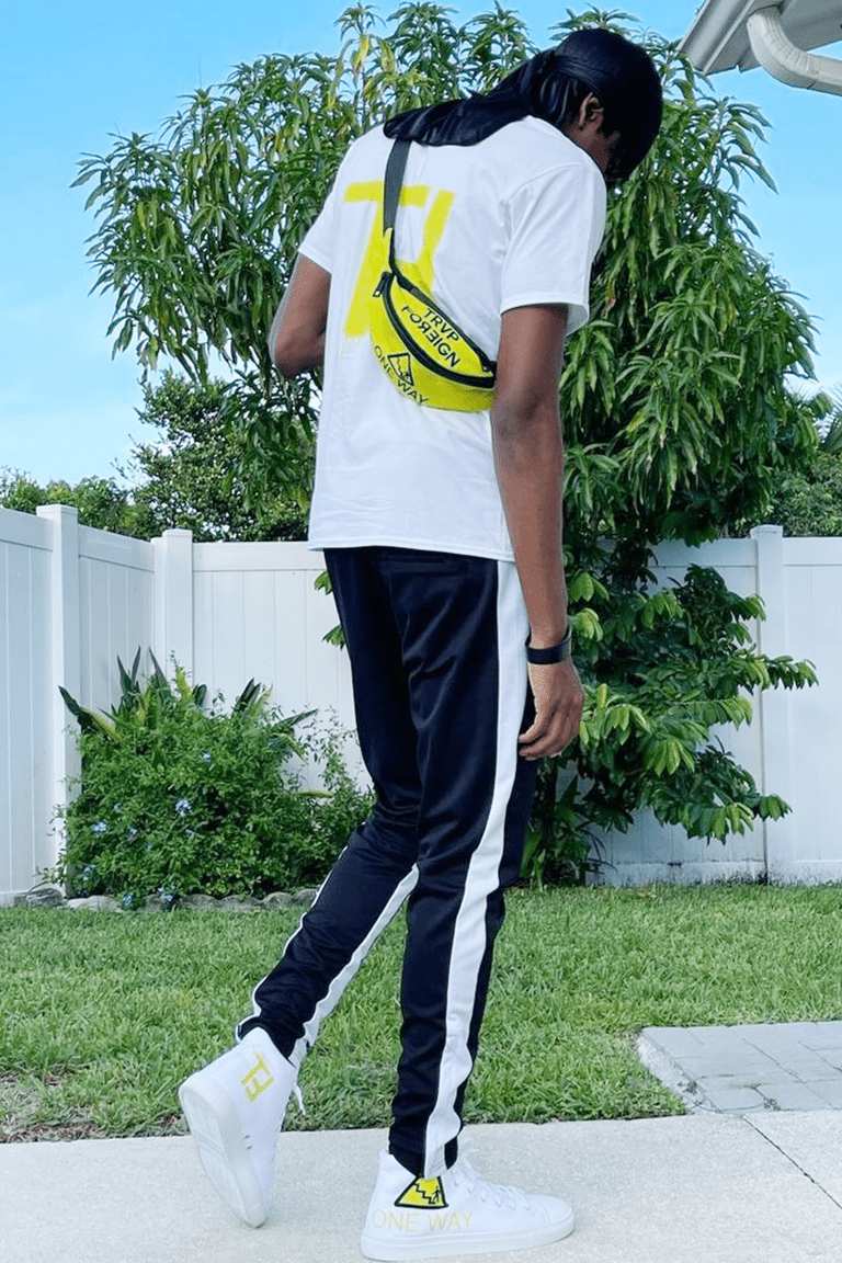 Premium Side Stripe Zip Pocket Track Pants (Black - White) - Zamage