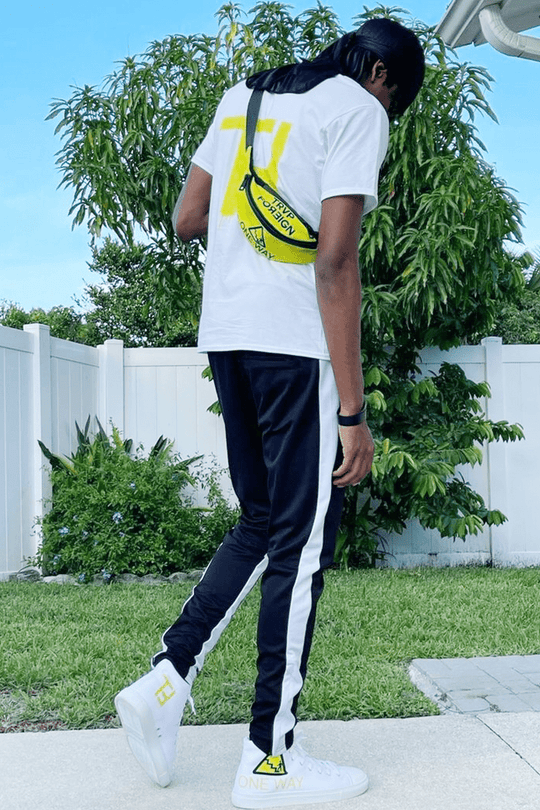 Premium Side Stripe Zip Pocket Track Pants (Black - White) - Zamage