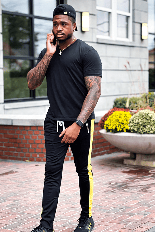 Premium Side Stripe Zip Pocket Track Pants (Black - Yellow) - Zamage