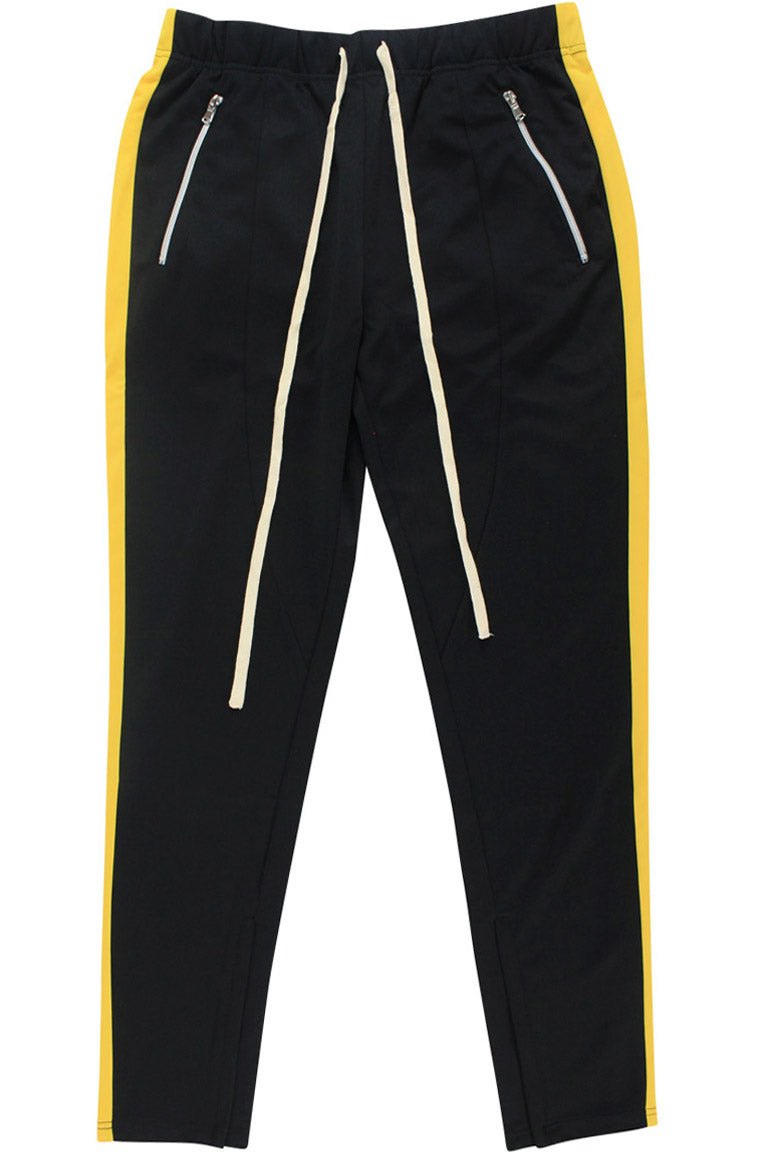 Premium Side Stripe Zip Pocket Track Pants (Black - Yellow) - Zamage