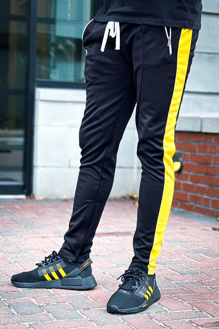 Premium Side Stripe Zip Pocket Track Pants (Black - Yellow) - Zamage
