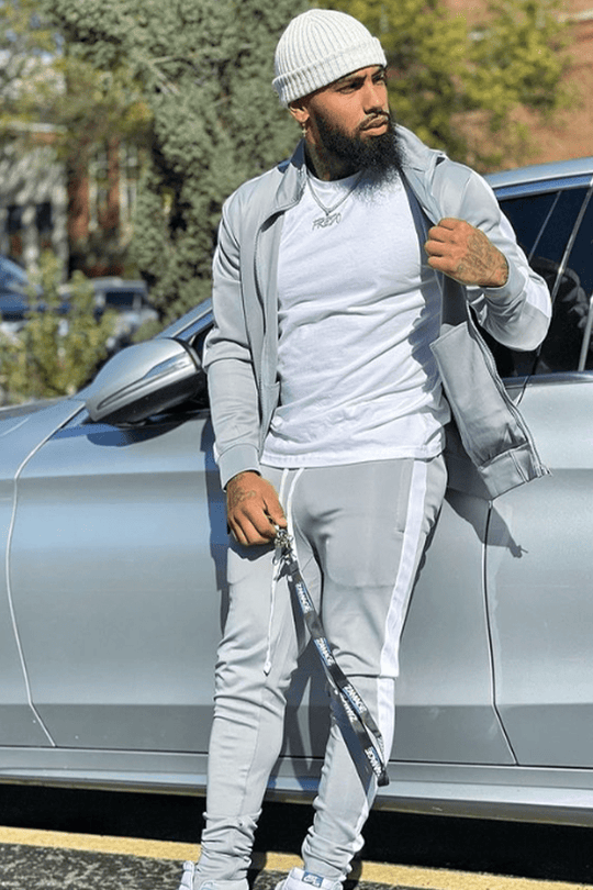 Premium Side Stripe Zip Pocket Track Pants (Grey - White) - Zamage