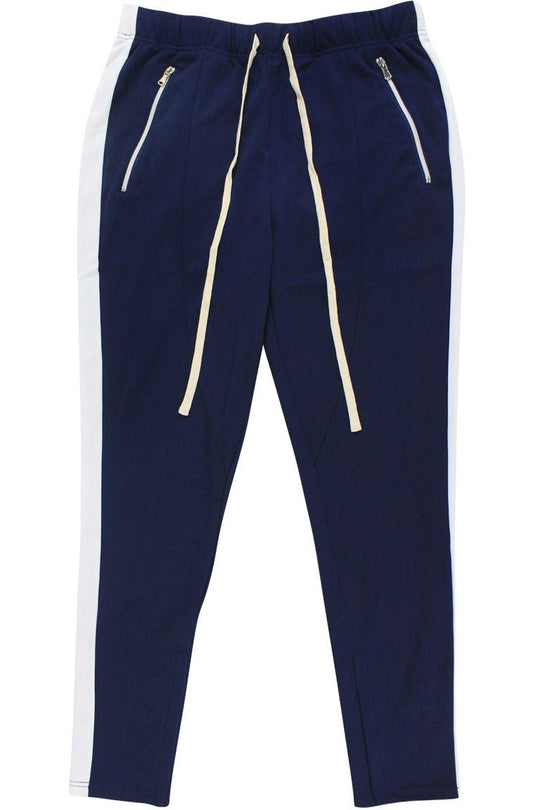 Premium Side Stripe Zip Pocket Track Pants (Navy - White) - Zamage