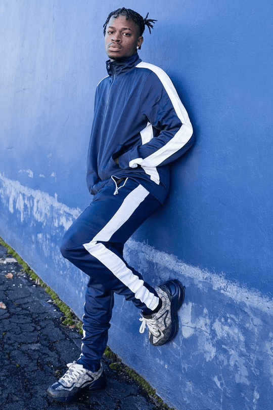 Premium Side Stripe Zip Pocket Track Pants (Navy - White) - Zamage