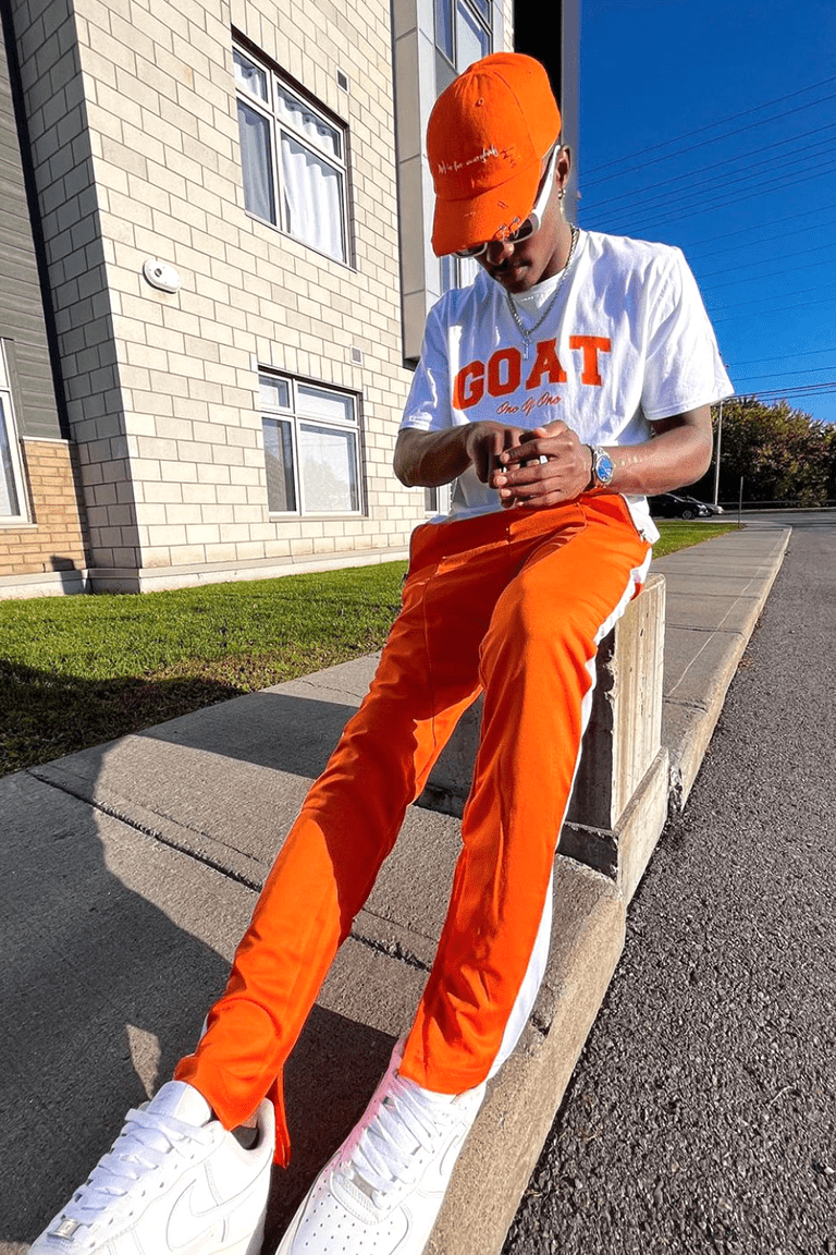 Premium Side Stripe Zip Pocket Track Pants (Orange - White) - Zamage