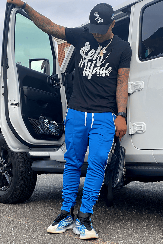 Premium Side Stripe Zip Pocket Track Pants (Royal Blue - White) - Zamage