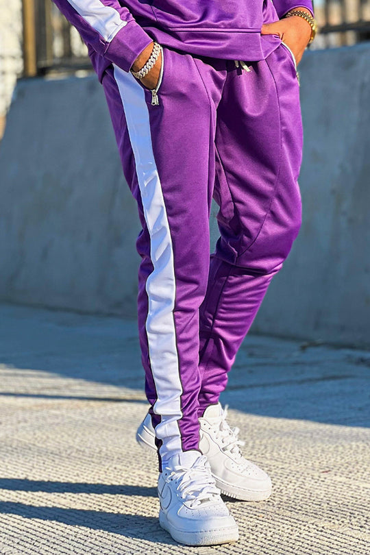Premium Side Stripe Zip Pocket Track Pants (Purple - White) - Zamage