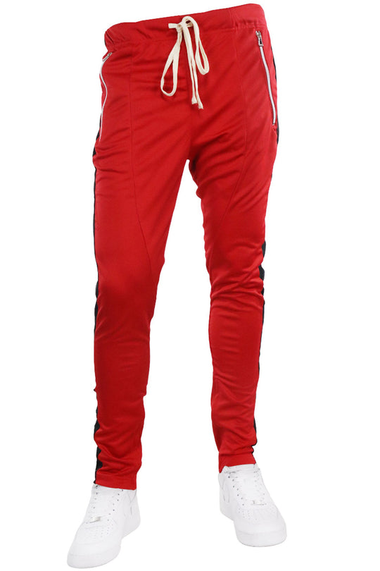 Premium Side Stripe Zip Pocket Track Pants (Red - Black) - Zamage