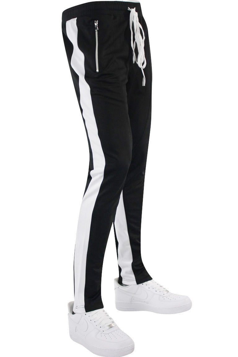 Zip Pocket Dual Stripe Track Pants (Black - White) - Zamage