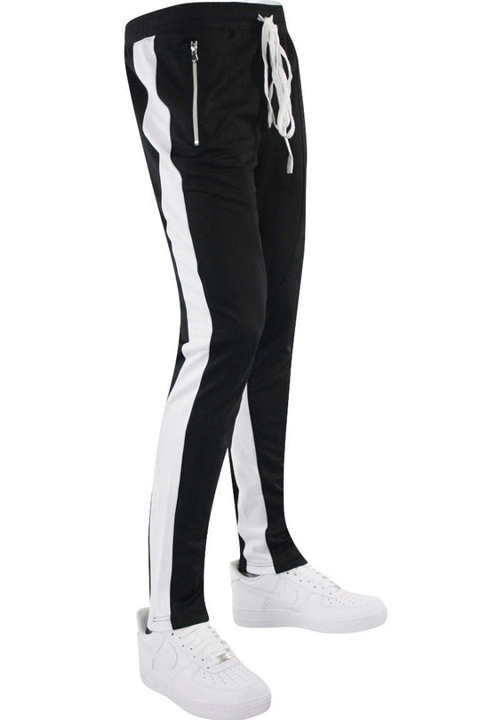 Zip Pocket Dual Stripe Track Pants (Black - White) - Zamage
