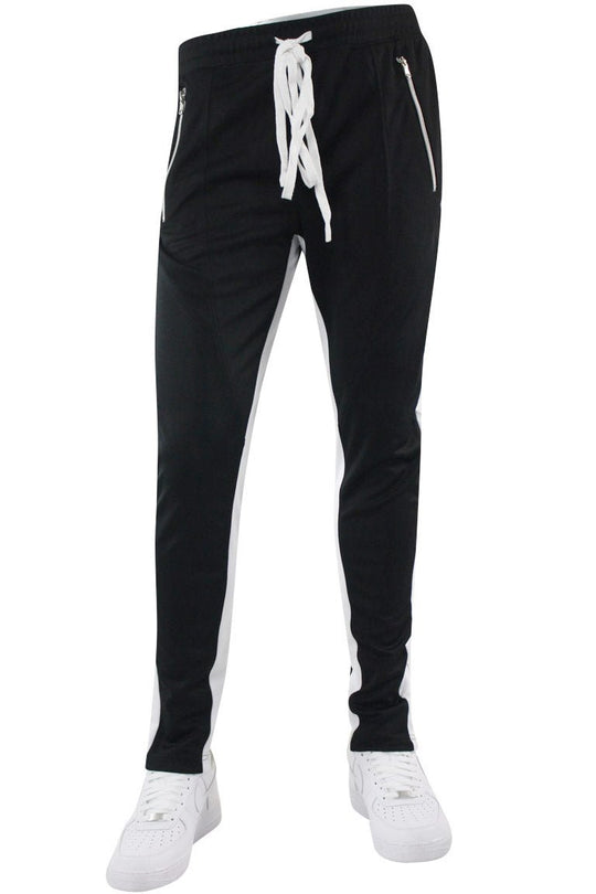 Zip Pocket Dual Stripe Track Pants (Black - White) - Zamage